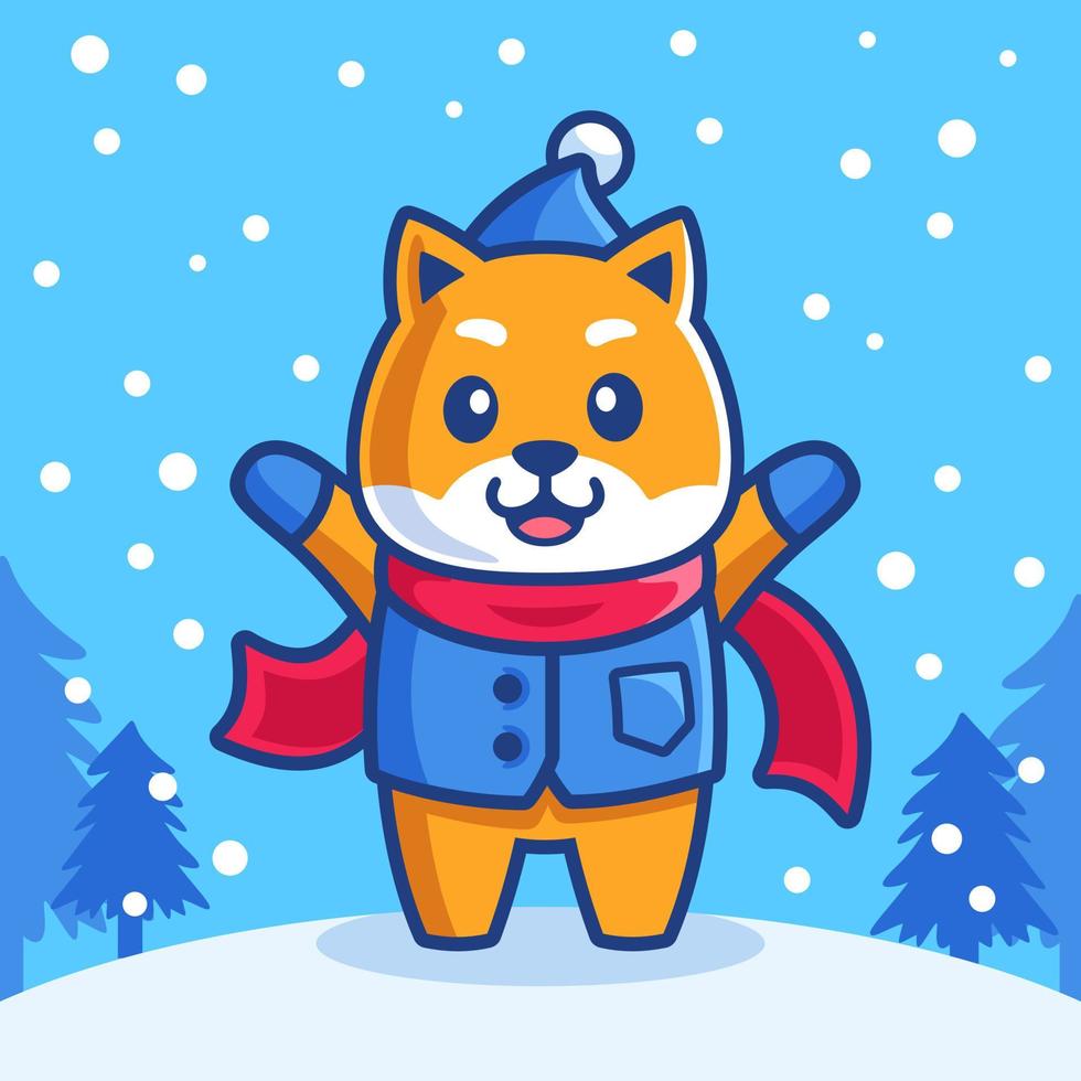 Cartoon Shiba Inu Dog in Winter Season vector