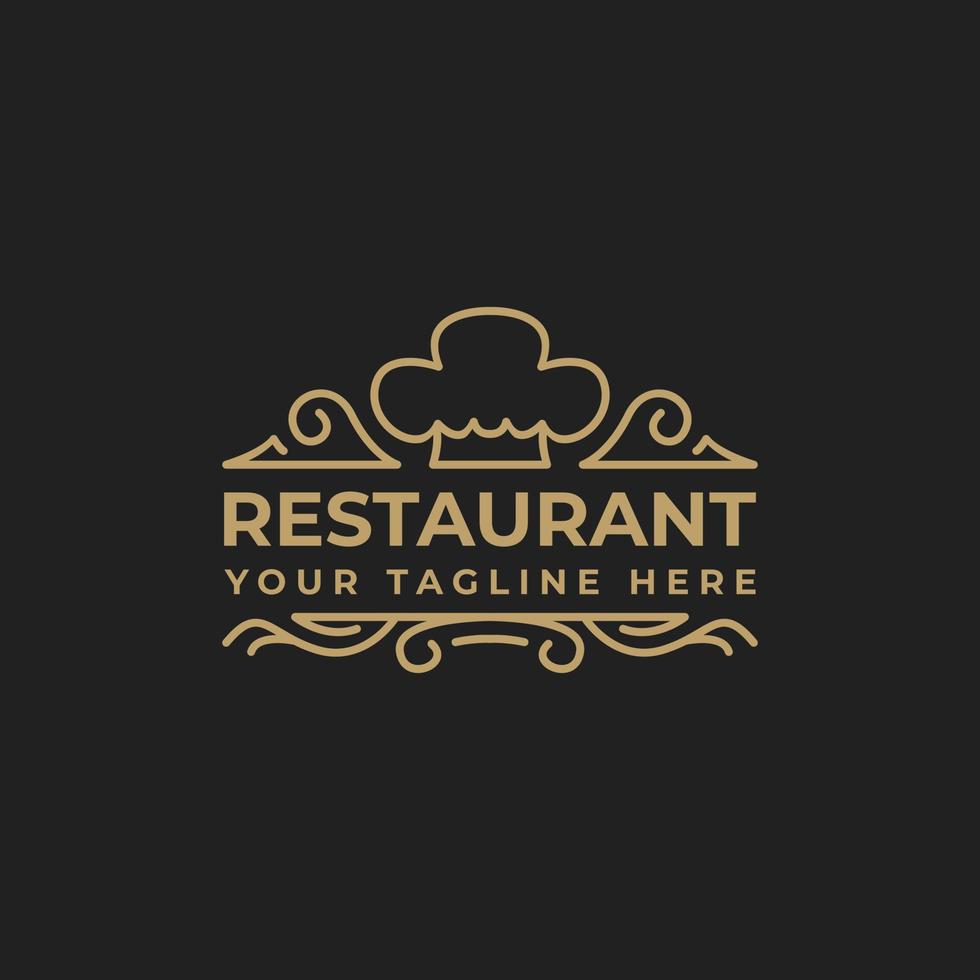 Elegante diseño de vector de logotipo vintage para restaurante con gorro de chef y adorno