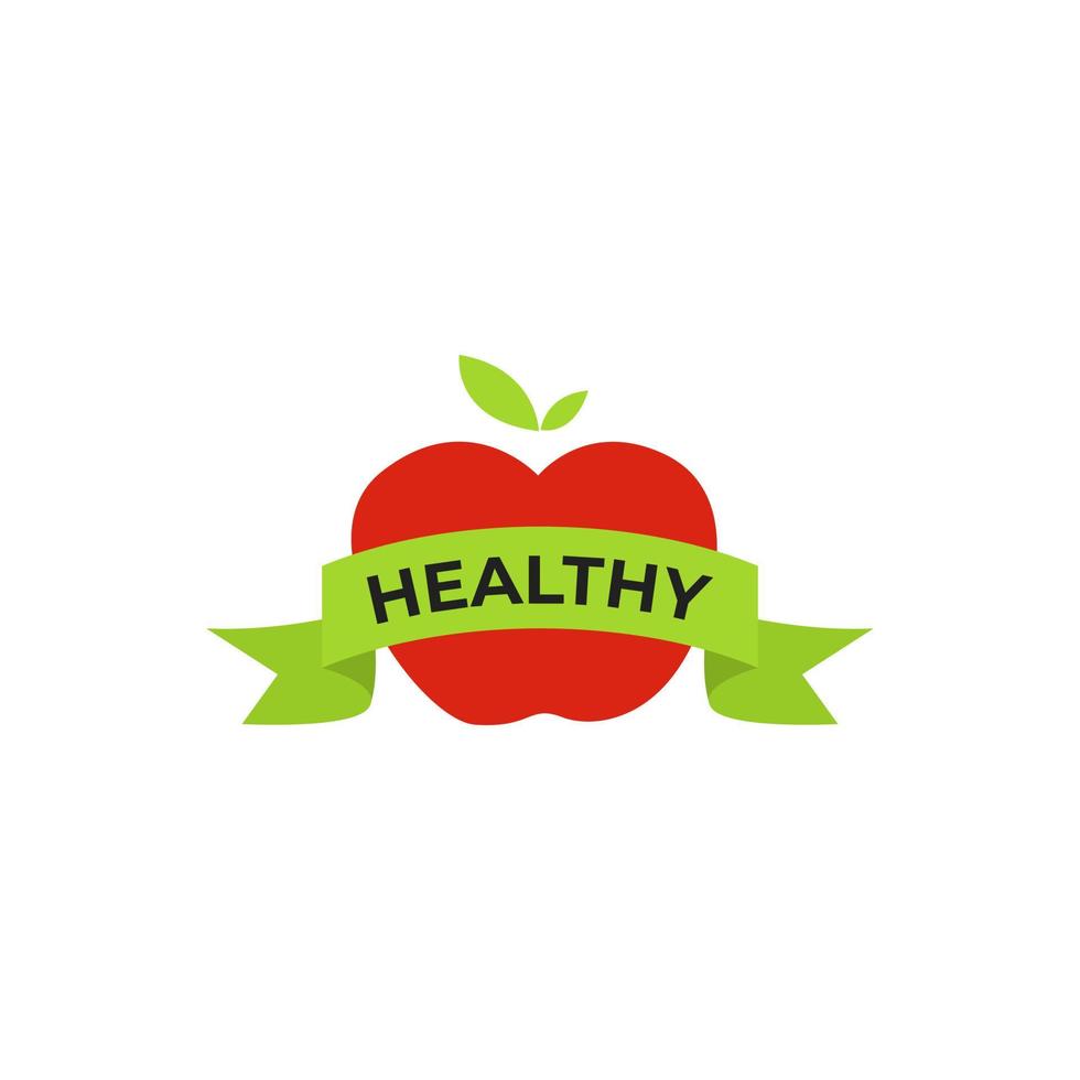 Healthy Food Logo Vector Design With Fresh Red Apple Icon Illustration With Green Ribbon to Put Text