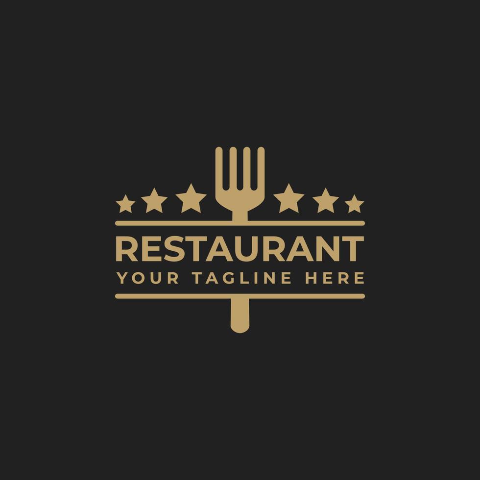 Diseño de logotipo de restaurante con icono de tenedor y decoración de estrellas en estilo lujoso y elegante vector