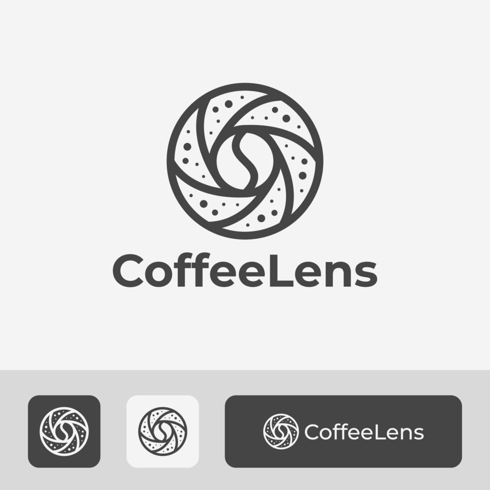 lente, obturador, grano de café, logotipo de cámara de estilo de arte lineal, diseño de vector de ilustración mínima para café de fotografía