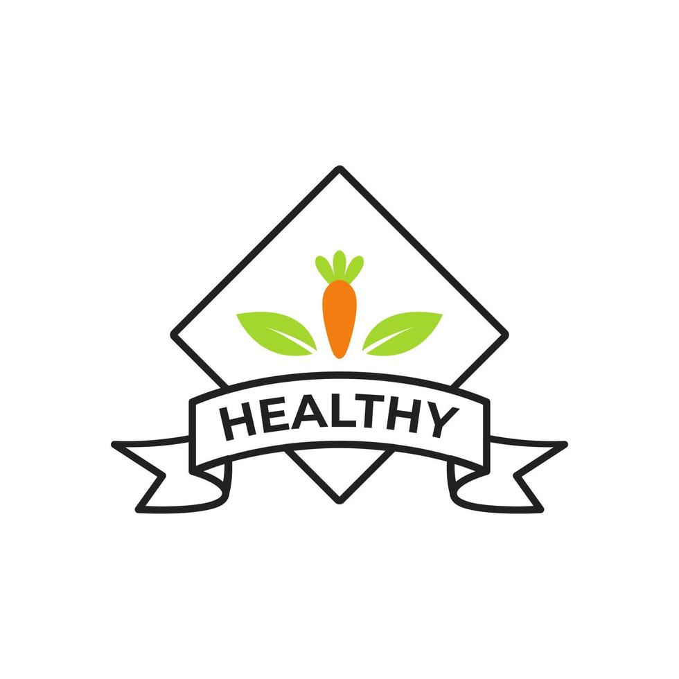 Healthy Food Logo Vector Design With Green Leaf and Carrot Icon Illustration in Box Frame With Ribbon to Put Text