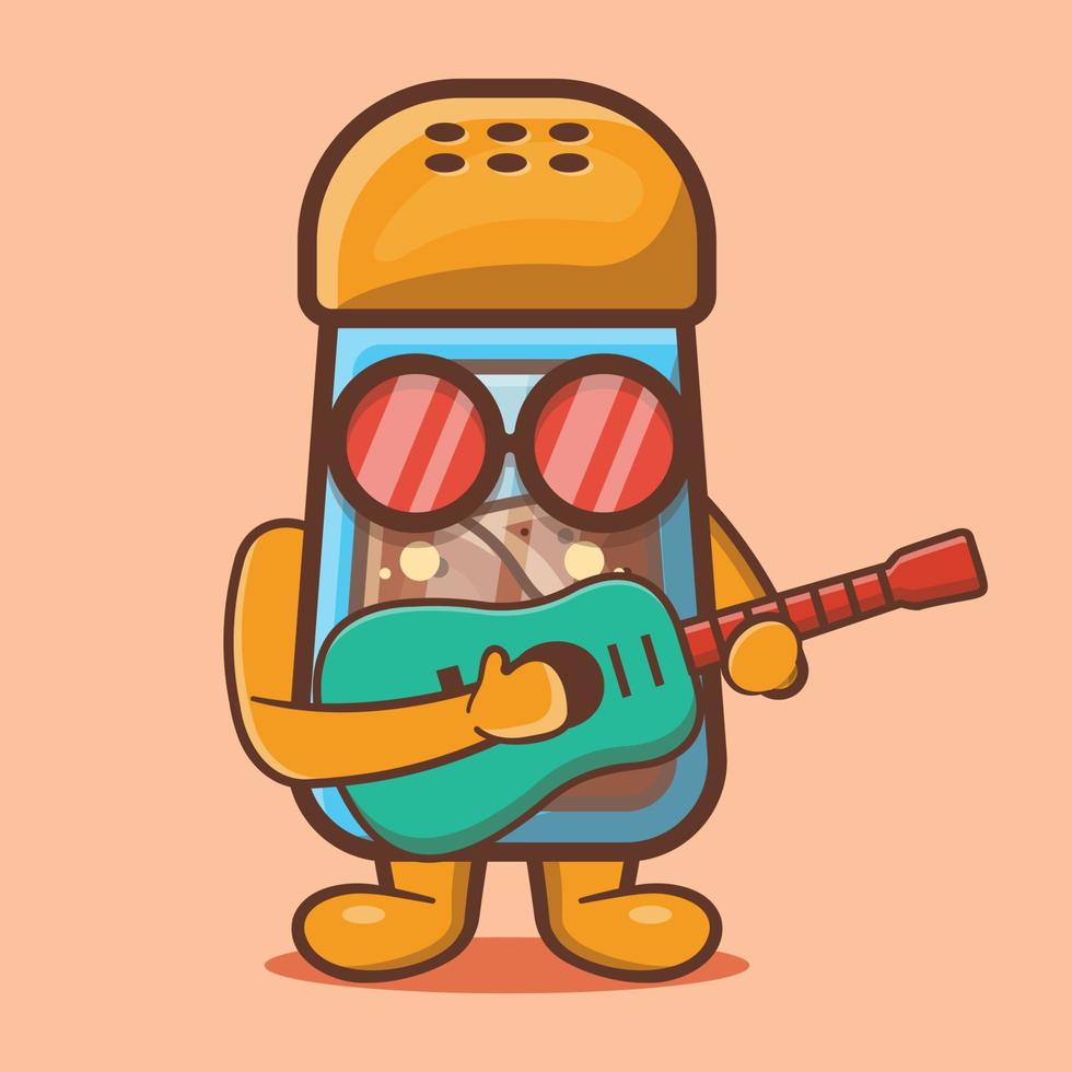 Cute black pepper bottle mascot playing guitar isolated cartoon in flat style vector