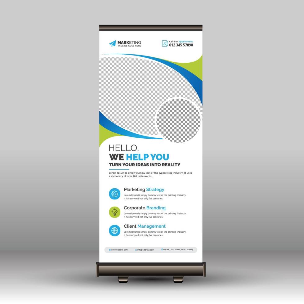 moderno, azul, verde, creativo, corporativo, enrollar, banner, señalización, standee, pull up, x, plantilla de banner con variaciones de color azul y verde vector