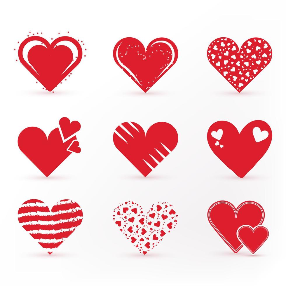 colección de corazones de diferentes formas para el día de san valentín. símbolos de corazón en colores rojos y diferentes estilos. conjunto de ilustración vectorial. vector