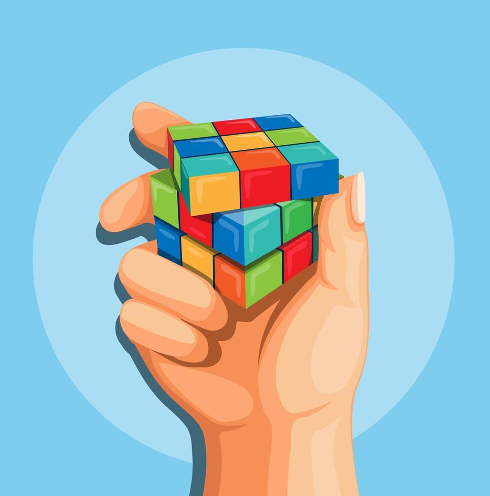Ilustración mano sujetando el concepto de rompecabezas de cubo de Rubik en vector de dibujos animados