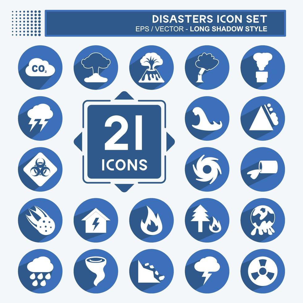 Disasters Icon Set in trendy long shadow style isolated on soft blue background vector