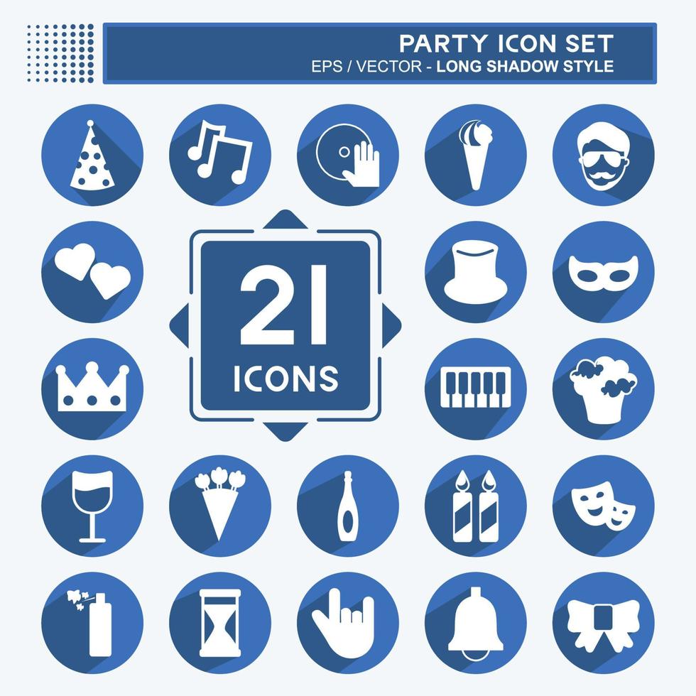 Party Icon Set in trendy long shadow style isolated on soft blue background vector