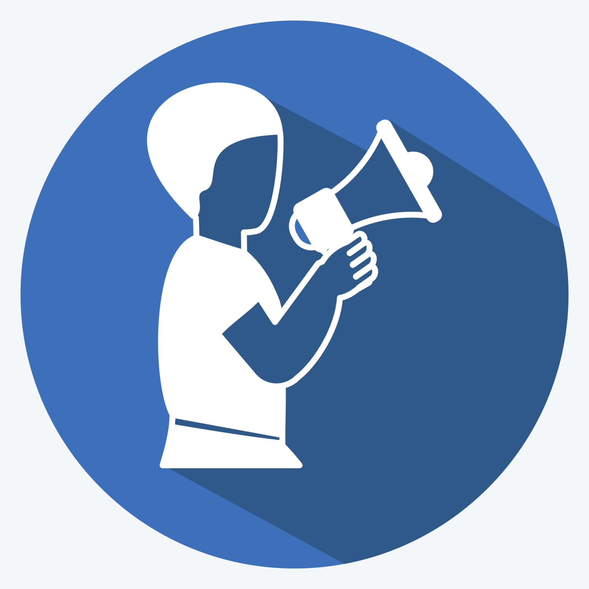 Announcement Icon in trendy long shadow style isolated on soft blue