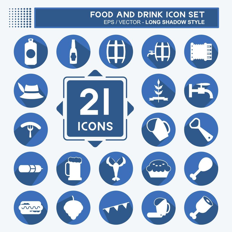 Food and Drink Icon Set in trendy long shadow style isolated on soft blue background vector