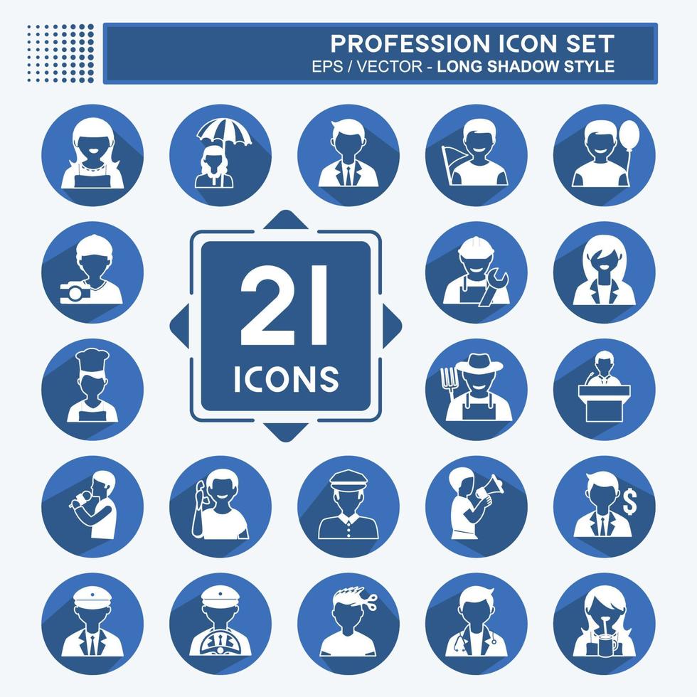 Profession Icon Set in trendy long shadow style isolated on soft blue background vector