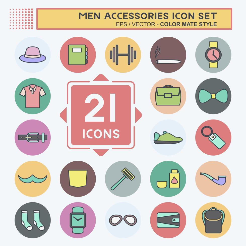 Men Accessories Icon Set in trendy color mate style isolated on soft blue background vector