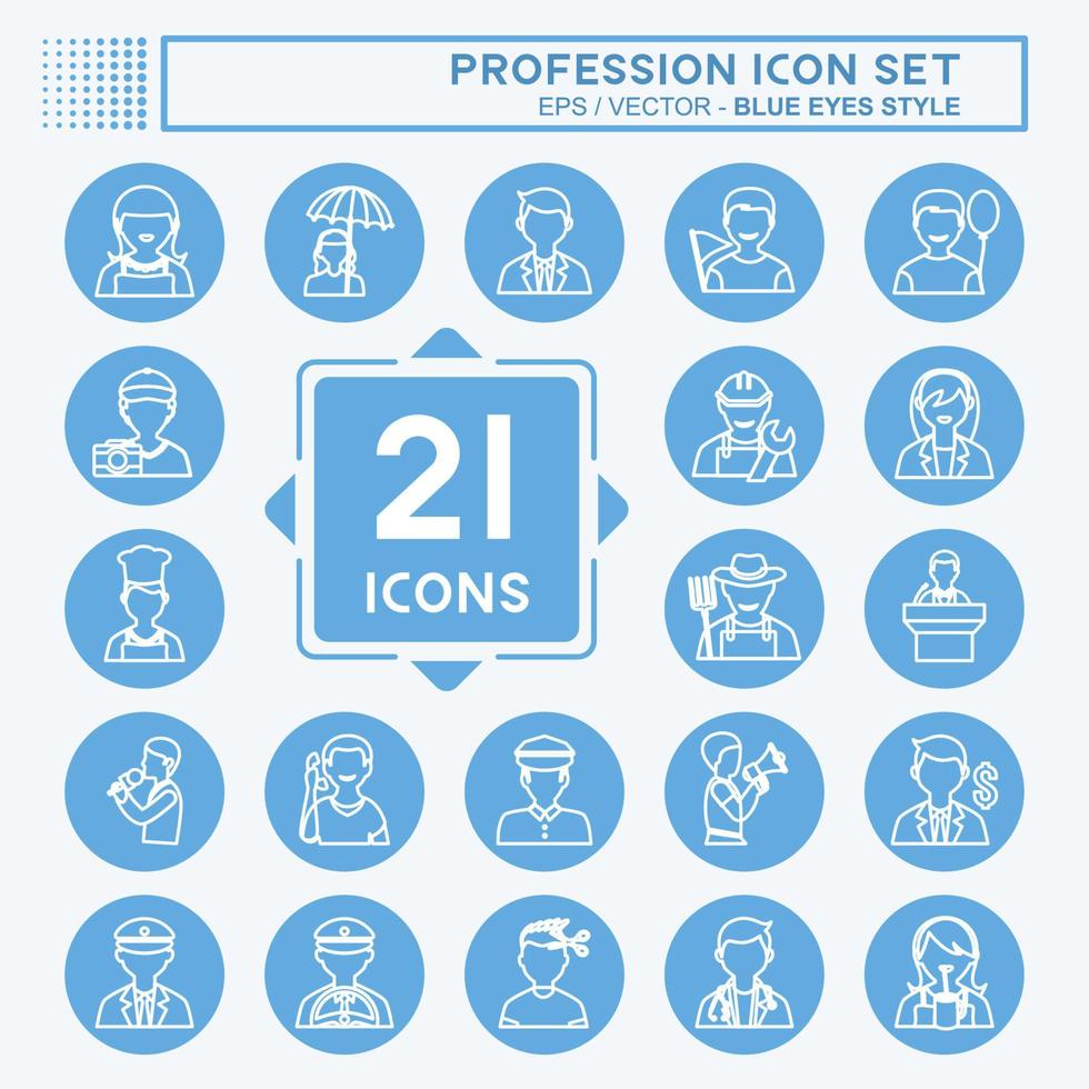Profession Icon Set in trendy blue eyes style isolated on soft blue background vector