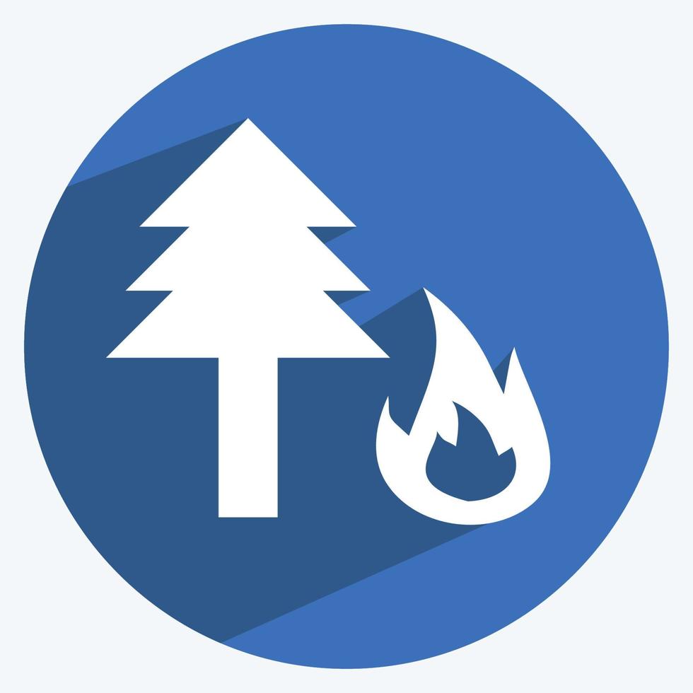 Icono de incendio forestal en el moderno estilo de sombra larga aislado sobre fondo azul suave vector