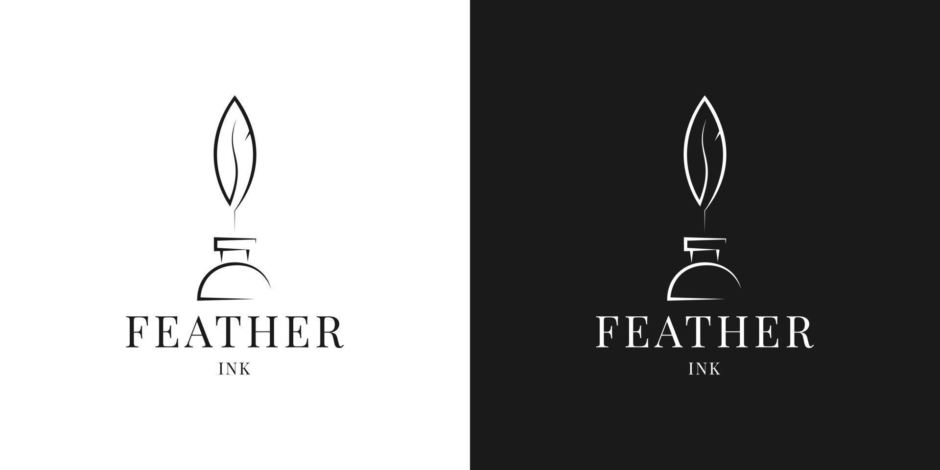 Quill Feather Pen and, ink bottle. Minimalist Signature silhouette logo design vector