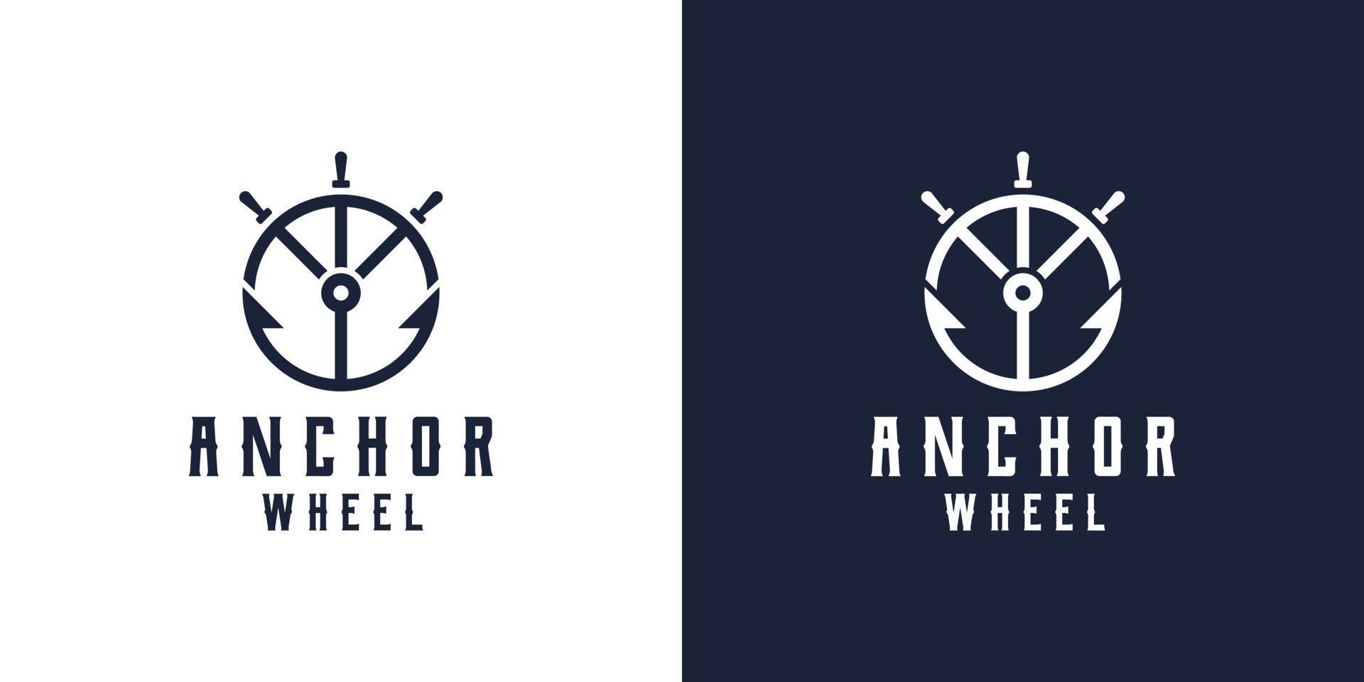 anchor and ship wheel line art logo design template vector