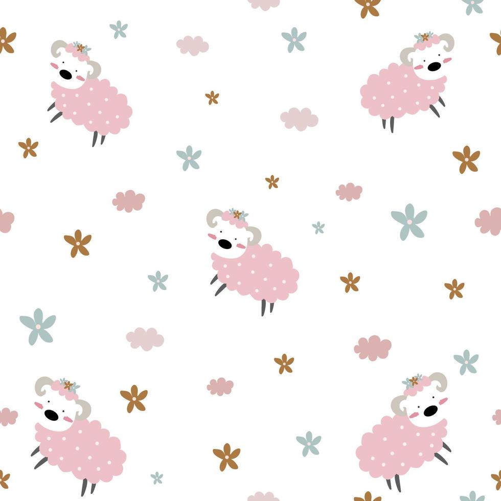 Seamless pattern With cute cartoon lamb background with pastel colors Used to design children clothing, textiles, wrapping paper Vector illustration