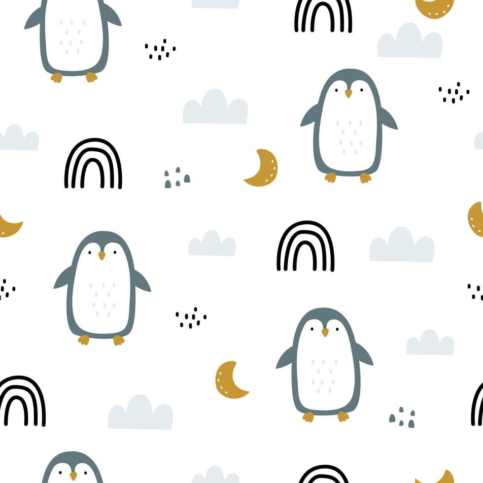 Seamless pattern for kids cute penguin background with clouds and rainbow. Designs used for print, wrapping paper, baby clothes, textile vector illustration