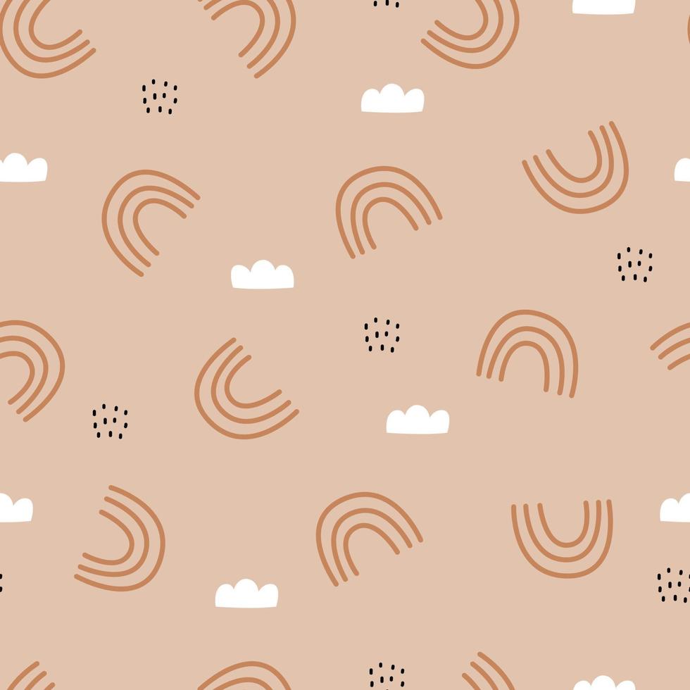 arco iris de patrones sin fisuras de bebé sobre un fondo marrón diseño dibujado a mano en estilo de dibujos animados utilizado para impresión, papel tapiz decorativo, patrones de ropa para niños, textiles. ilustración vectorial vector