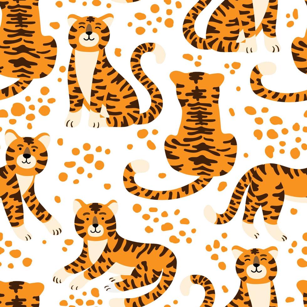 Cute tigers vector seamless pattern. Show of circus animals. Fashionable texture. Design for fabric, wallpaper, wrapping paper, invitation card, scrapbook paper.
