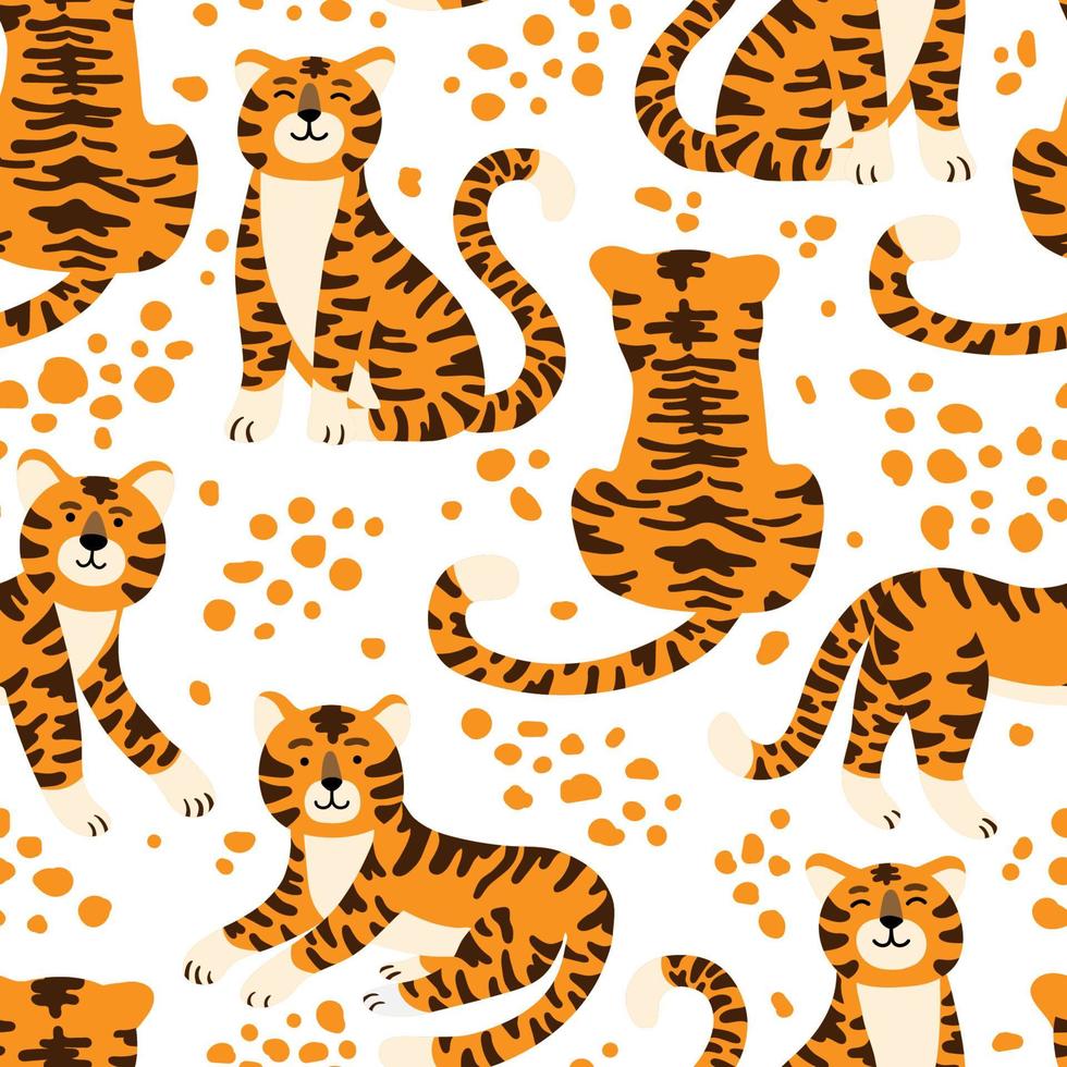 tigres lindos vector de patrones sin fisuras. espectáculo de animales de circo. textura de moda. diseño para tela, papel tapiz, papel de regalo, tarjeta de invitación, papel de álbum de recortes.