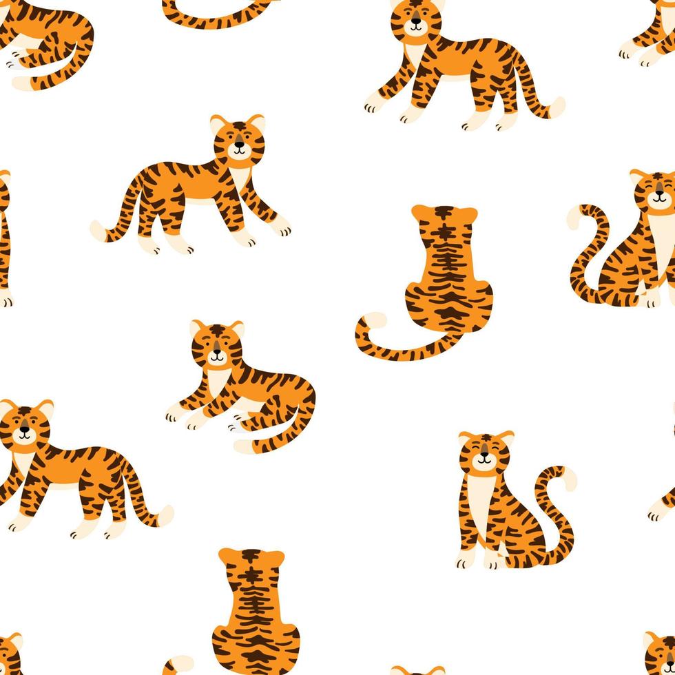Cute tigers vector seamless pattern. Show of circus animals. Fashionable texture. Design for fabric, wallpaper, wrapping paper, invitation card, scrapbook paper.
