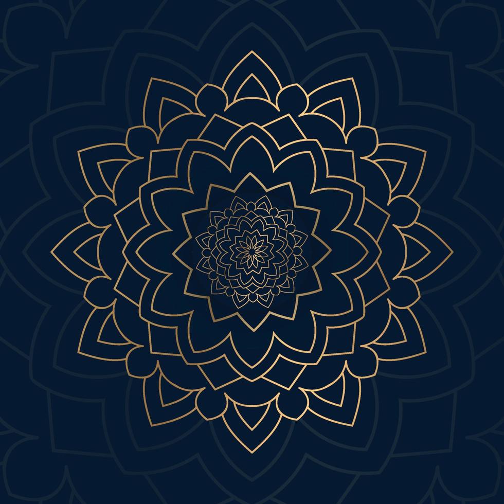 lujoso vector mandala dorado. adorno de mandala sobre un fondo azul oscuro, patrón dorado. Fondo de mandala dorado decorativo. decoración de lujo, patrón de mandala con color dorado brillante.