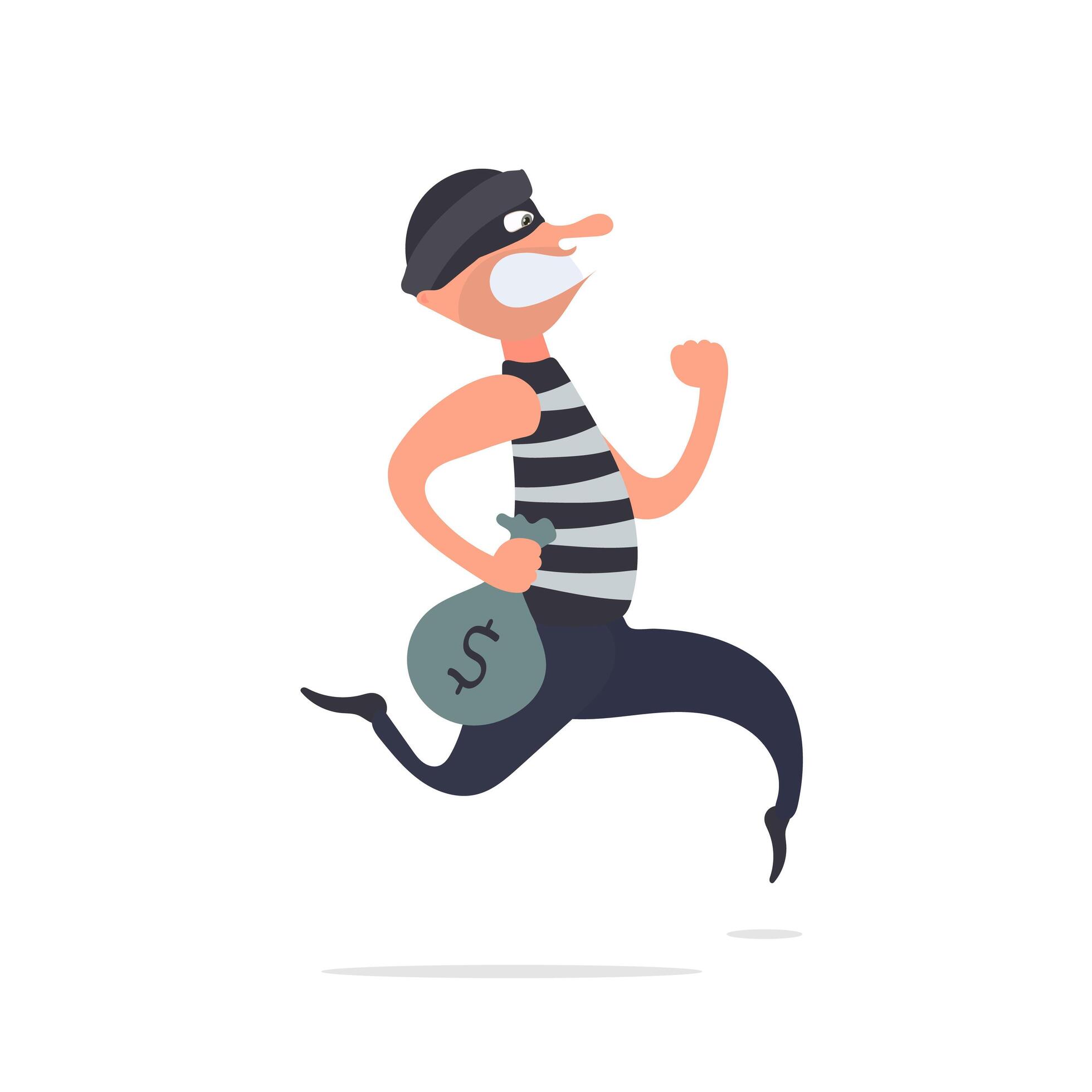 The robber runs away with a bag of money. The criminal is running with