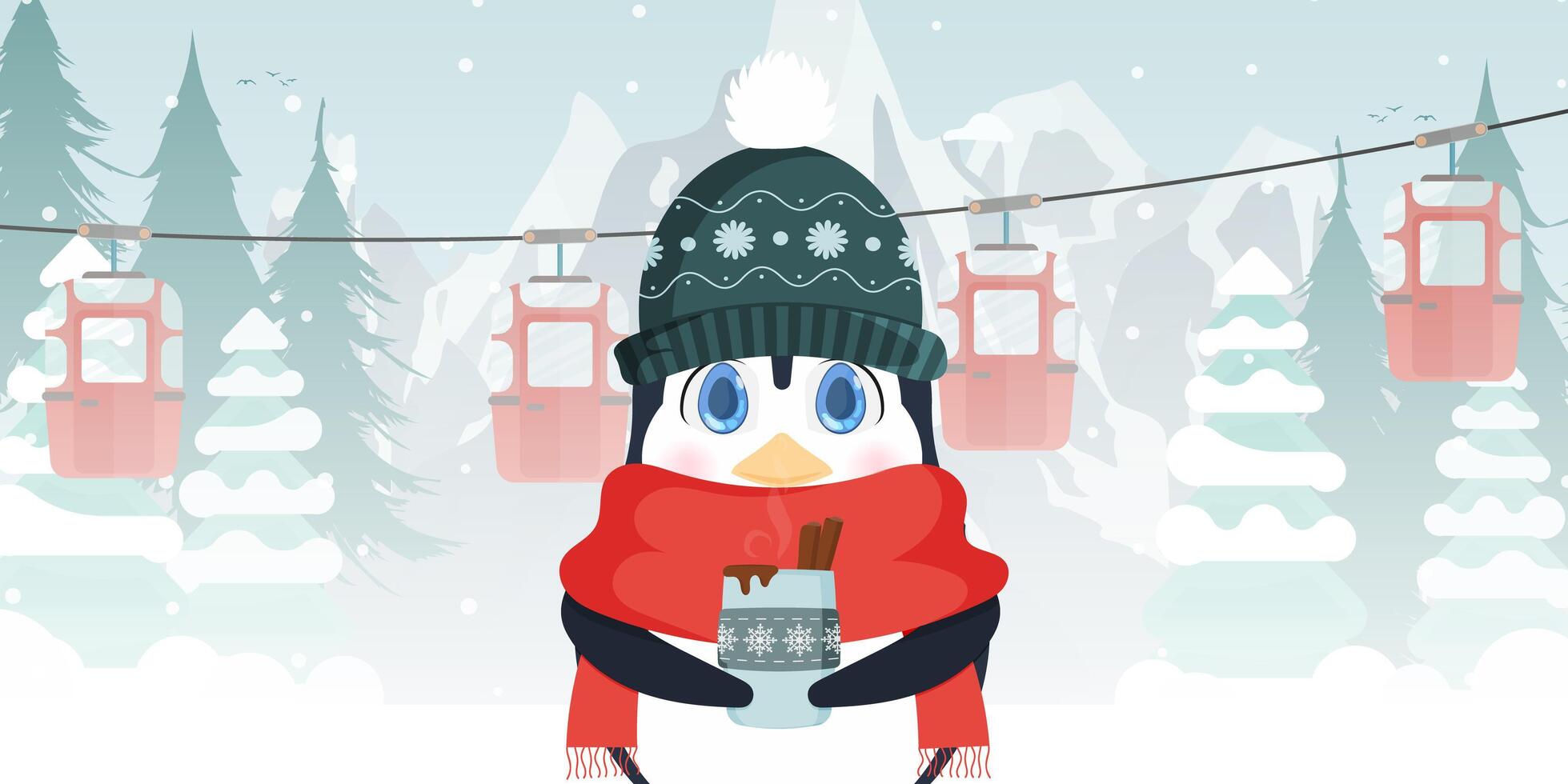 A penguin in a winter hat and scarf holding a cup of coffee vector