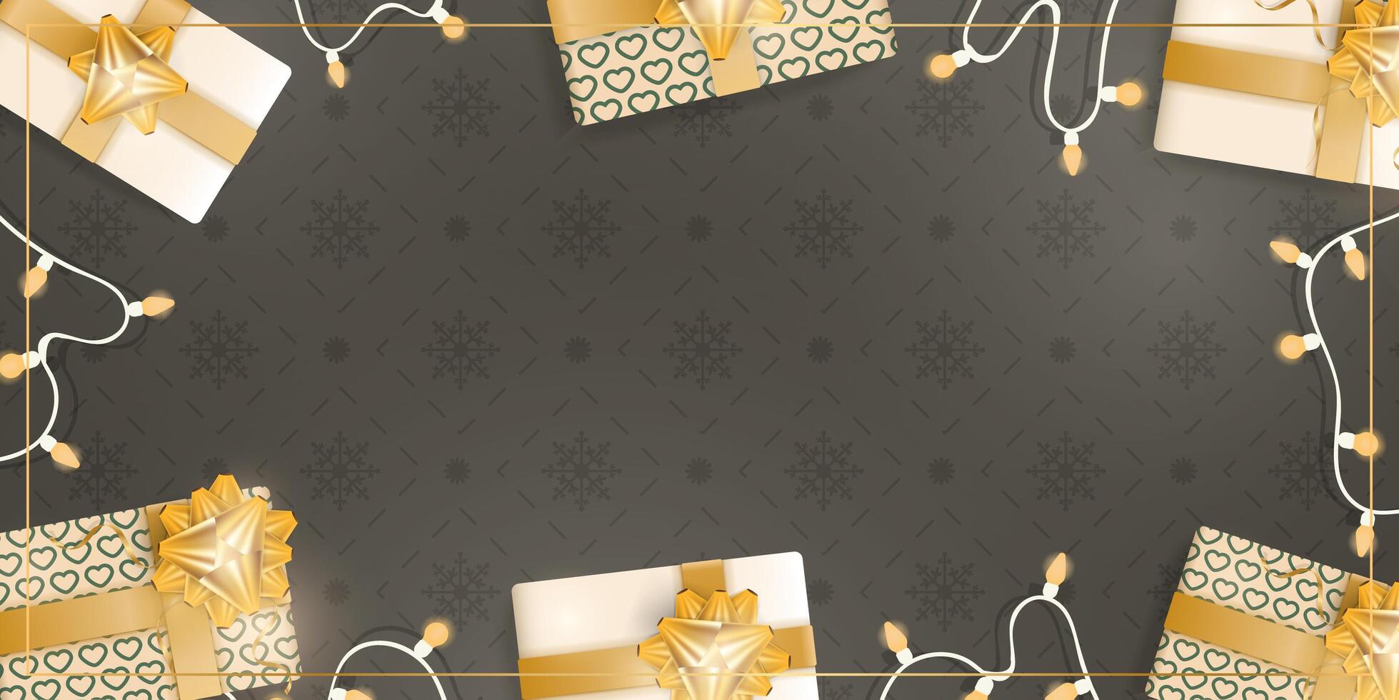 Chocolate background with realistic gift boxes with golden ribbons and bows. Garlands with bulbs. View from above. Banner with space for text. illustration. vector