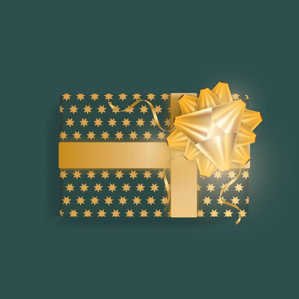 Realistic green gift box with gold stars, gold ribbons and bow. View from above. Vector