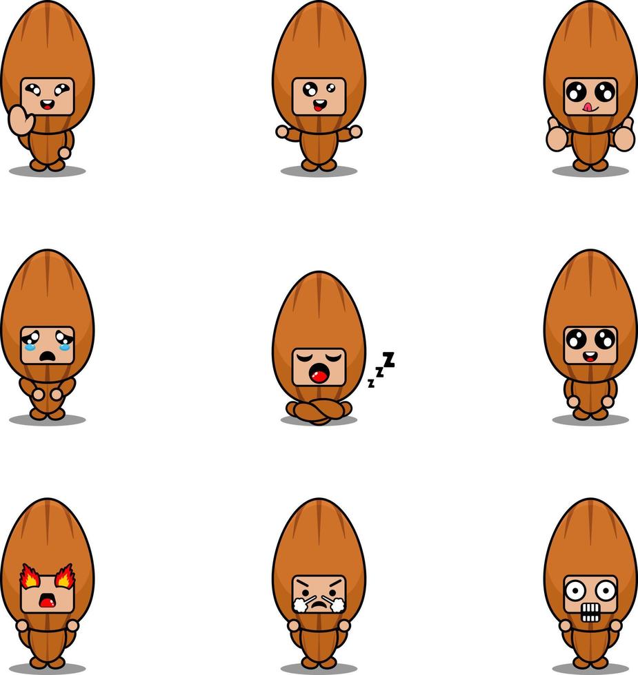 Ilustración de vector de personaje de dibujos animados traje de mascota conjunto paquete de expresión de almendra