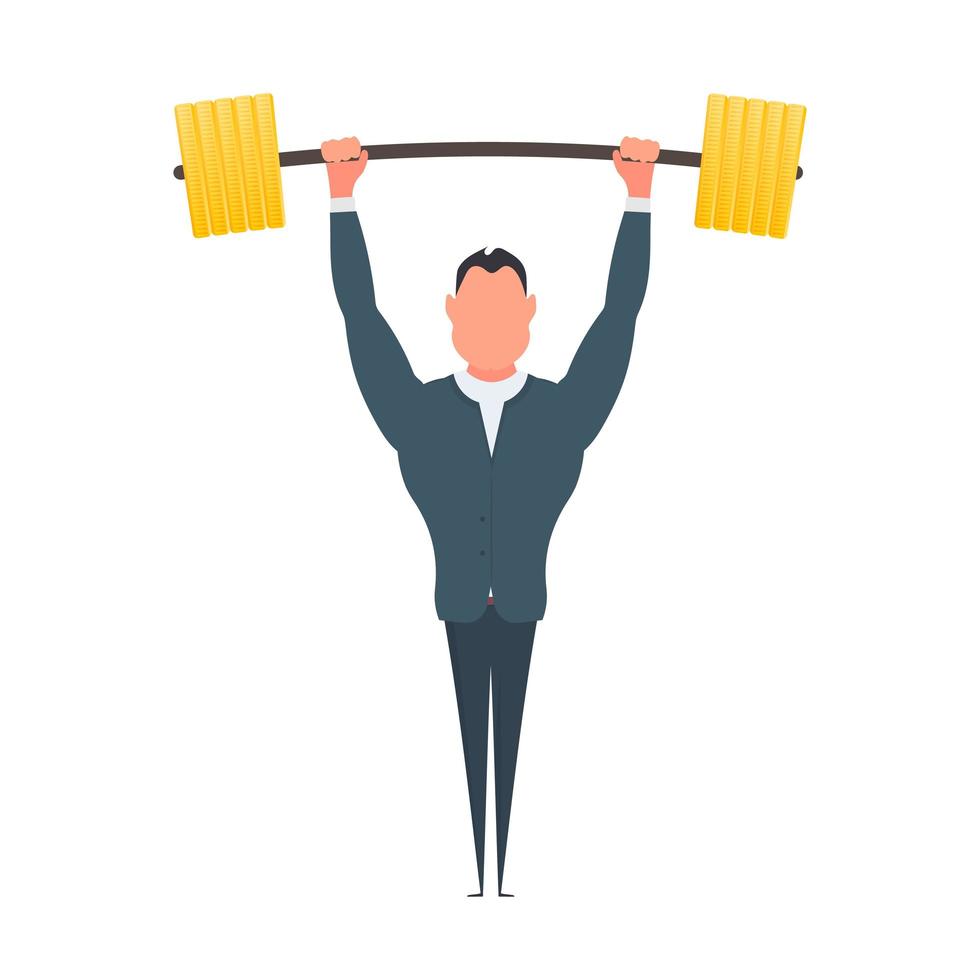 Businessman raises the barbell with gold coins. A man in a suit with a barbell. The concept of a successful business and revenue growth. Isolated. Vector. vector