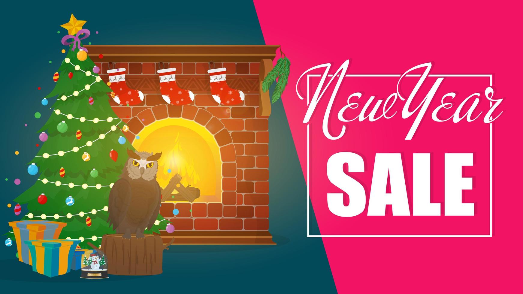 New year sale banner. Gifts, Christmas tree, fireplace. Poster on the topic of discounts for the new year. Vector. vector