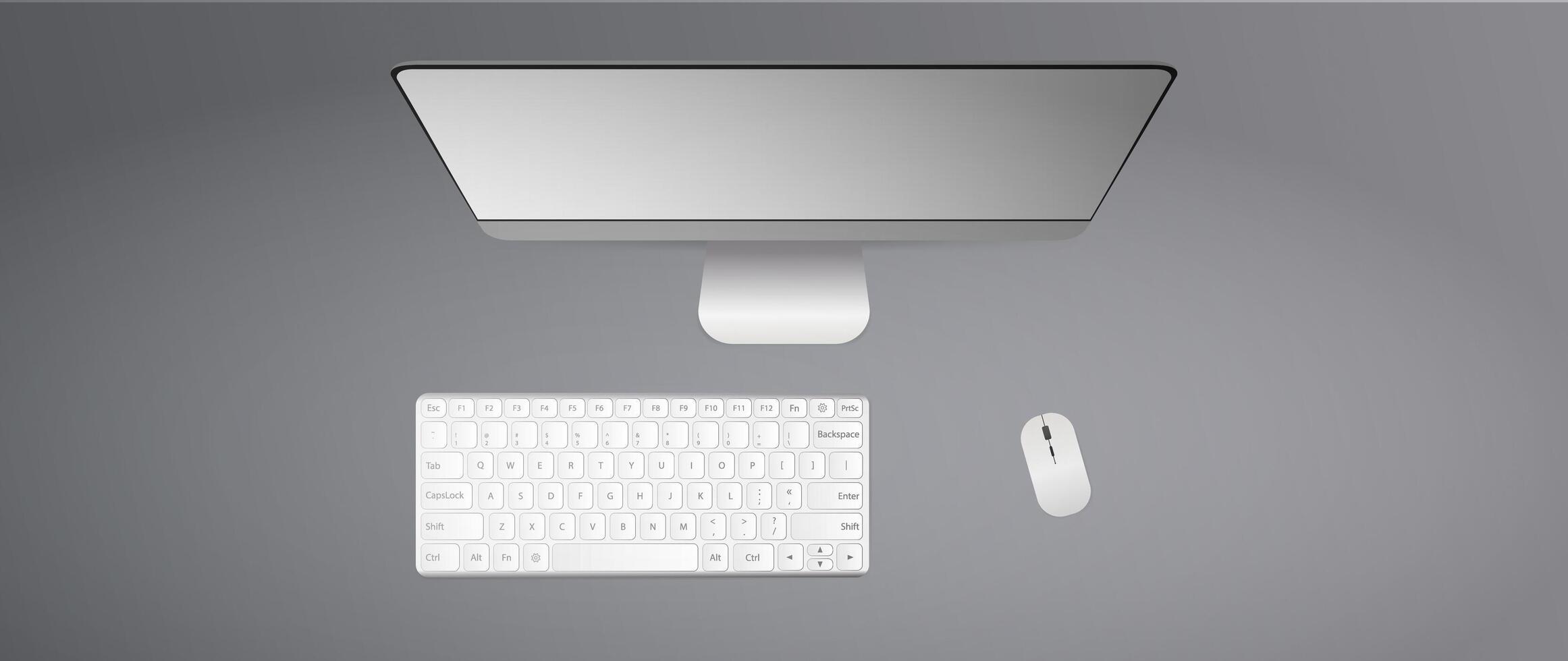 Flat lay, top view office desk. Keyboard, computer mouse, monitor. Realistic illustration. vector