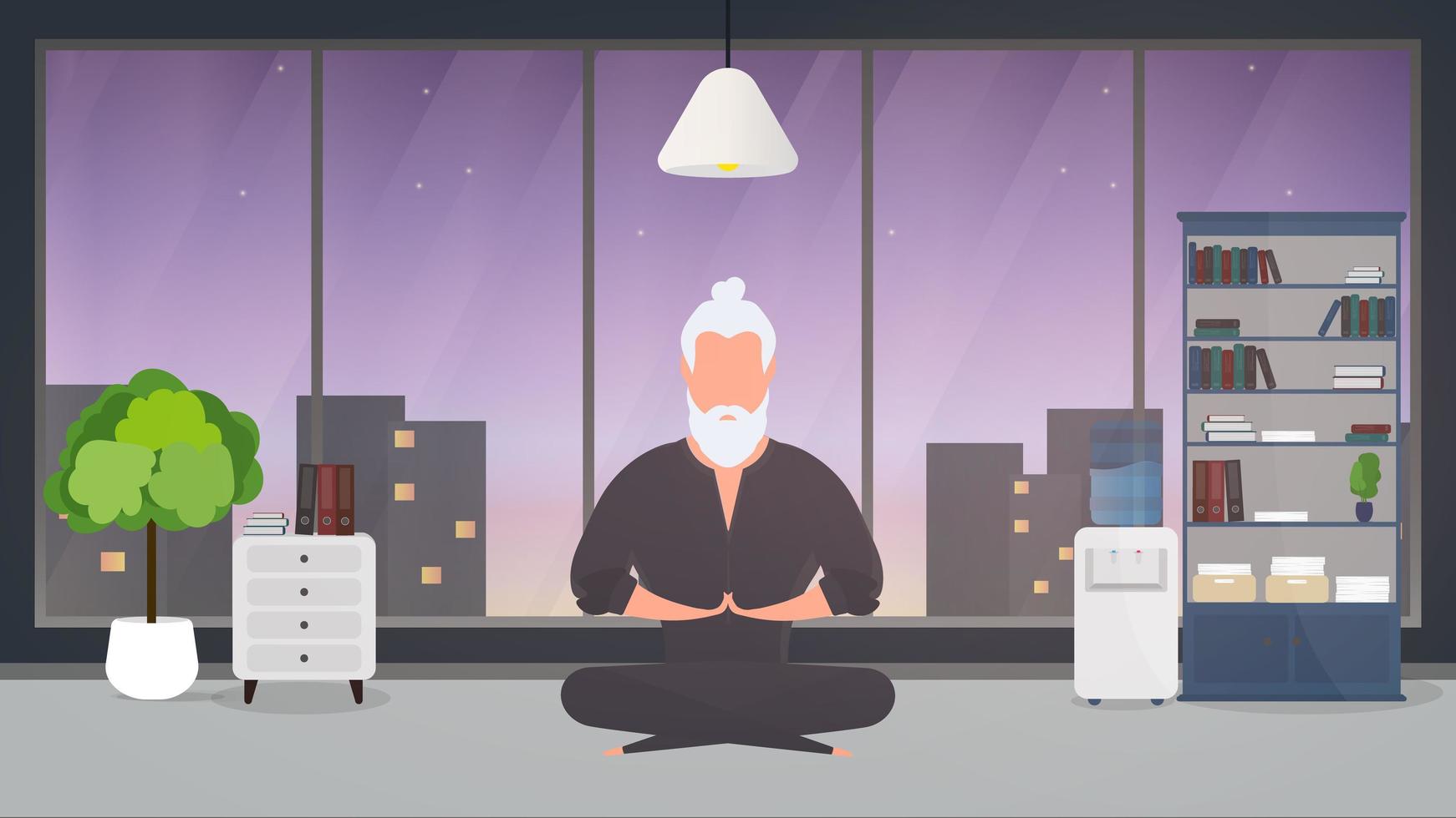 un hombre con un kimono negro medita. maestro de kung fu. el chico está haciendo yoga. vector. vector