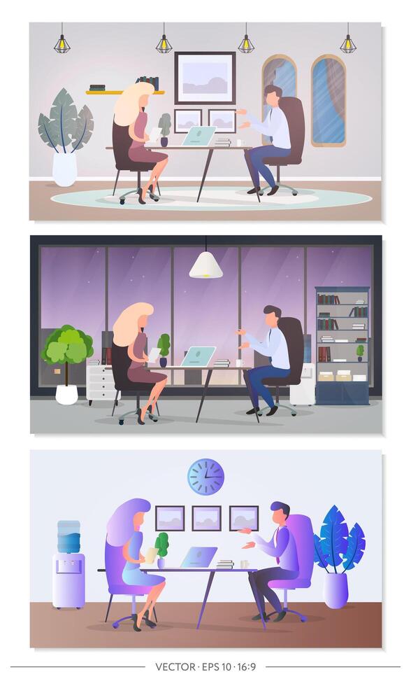 Interview in the office. Business meeting, hiring, dialogue. Vector illustration.