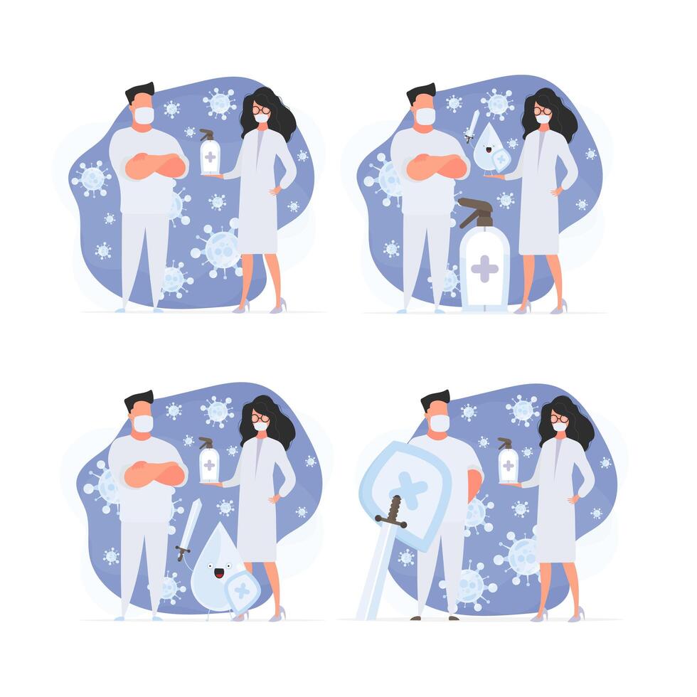 Set for a poster or presentation. Man and Girl doctor. Medics in medical masks. Spray bottle. Sanitizer in a flat style. . vector