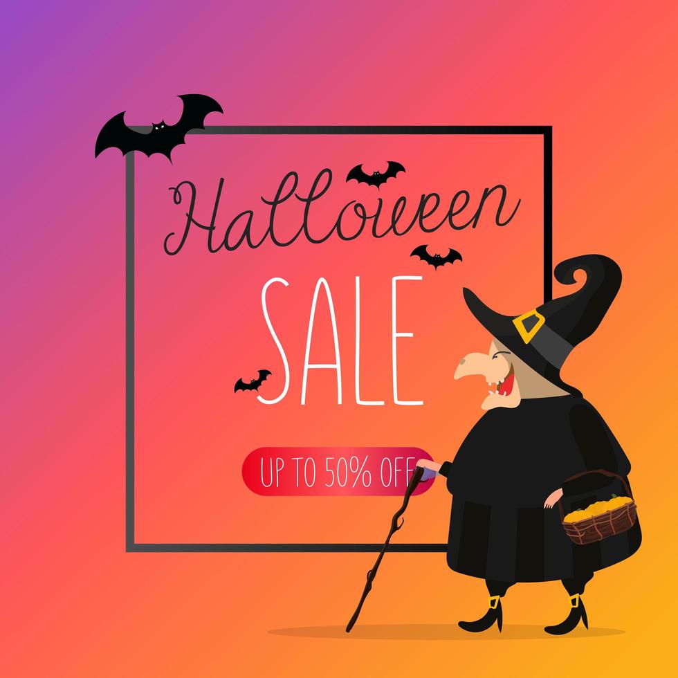 Halloween sale banner. Witch in a black robe. Witch with a hat. Vector. vector