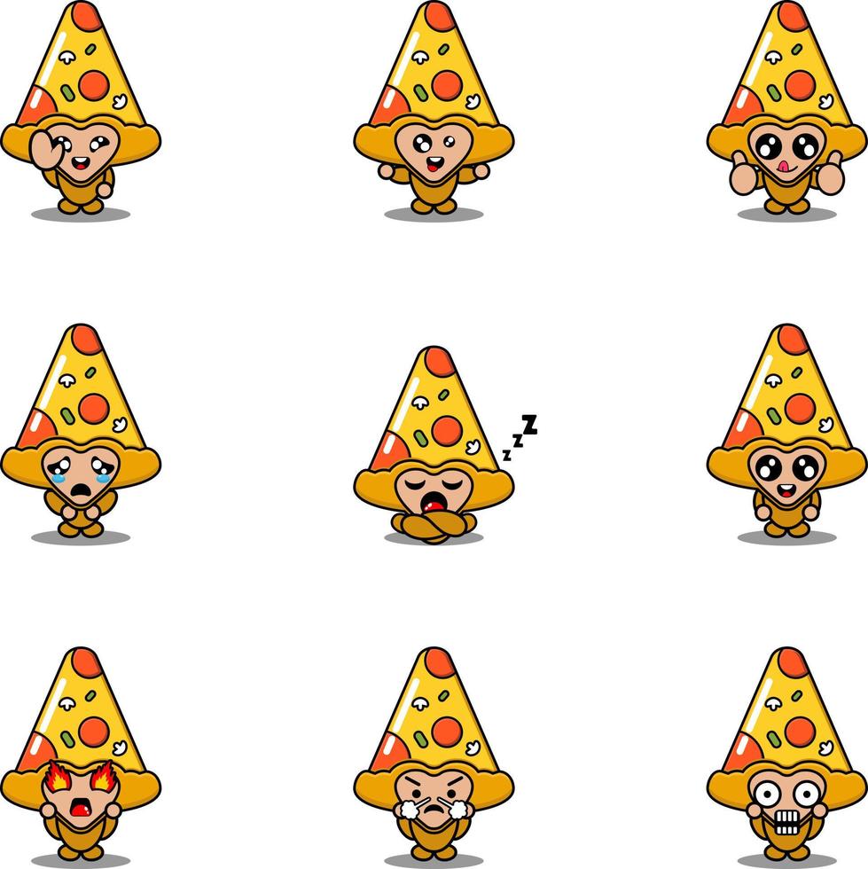personaje de dibujos animados ilustración vectorial conjunto de traje de mascota paquete de expresión de comida de pizza triangular vector