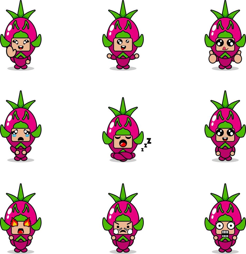 vector illustration of cartoon character mascot costume set of dragon fruit expression bundle