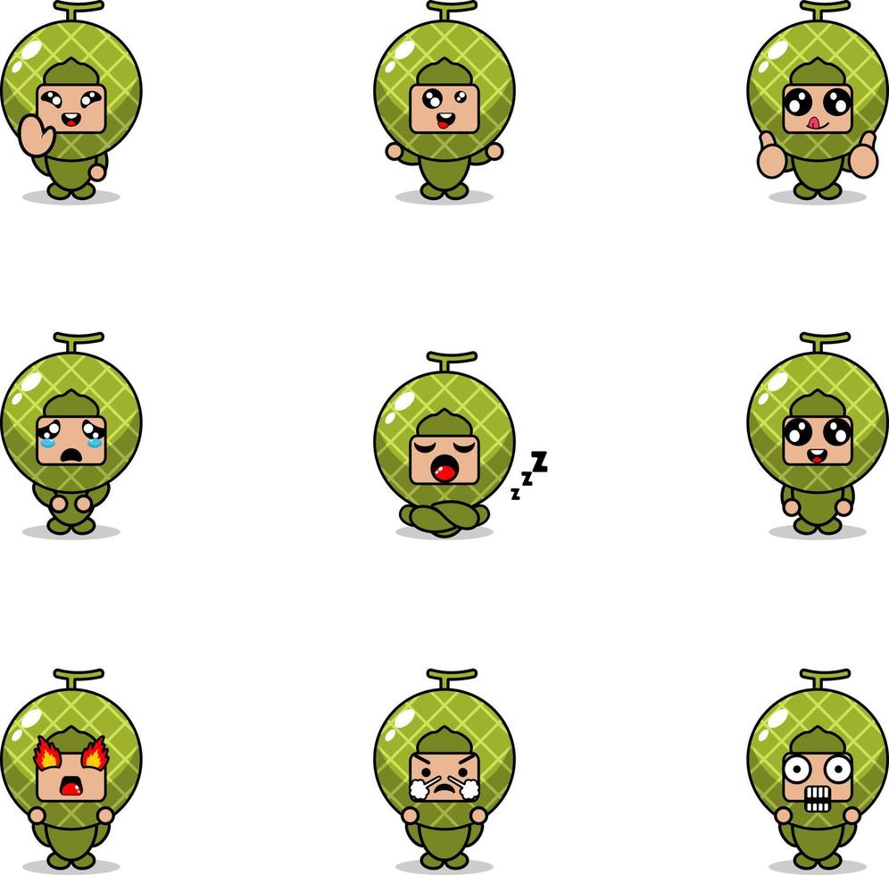 Ilustración de vector de personaje de dibujos animados traje de mascota conjunto de paquete de expresión de fruta de melón