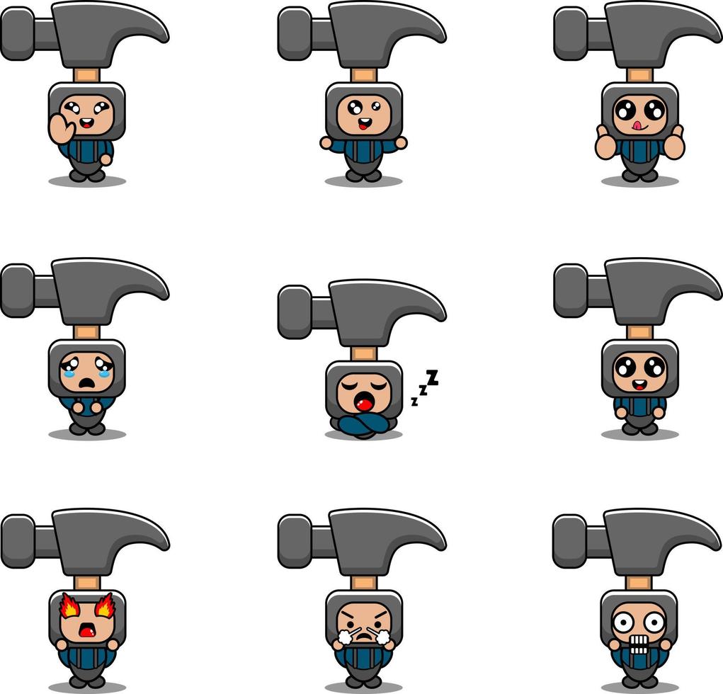 cartoon character mascot costume vector illustration set hammer building tool expression bundle