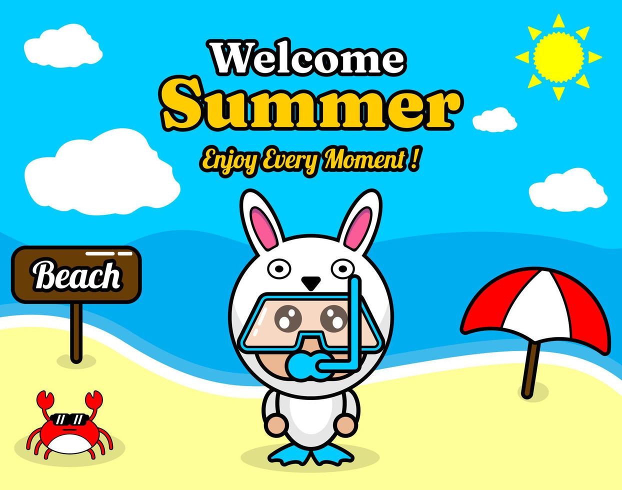 summer beach and sand background design with text enjoy every moment and summer element board that says beach, crab and umbrella, with bunny animal mascot costume wearing senorkel vector