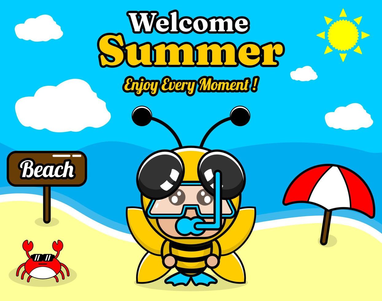 diseño de fondo de playa y arena de verano con texto disfrute de cada momento y tablero de elementos de verano que dice playa, cangrejo y sombrilla, con un disfraz de mascota animal de abeja con un senorkel vector