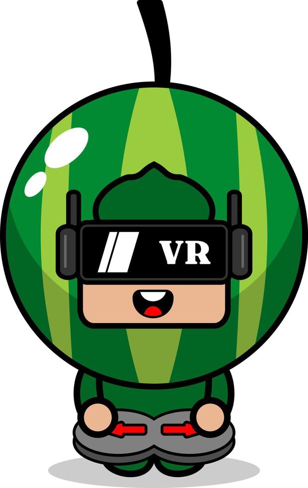 watermelon fruit mascot costume vector cartoon character playing virtual reality game