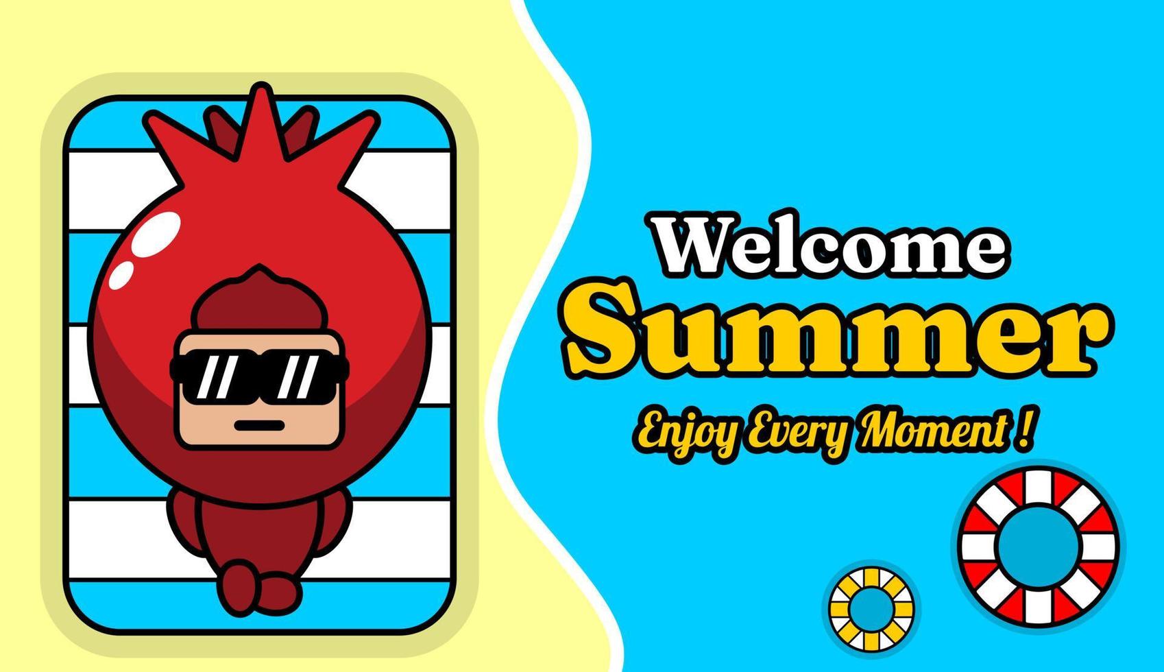 summer beach and sand background design with text enjoy every moment, with pomegranate fruit mascot costume relaxing vector