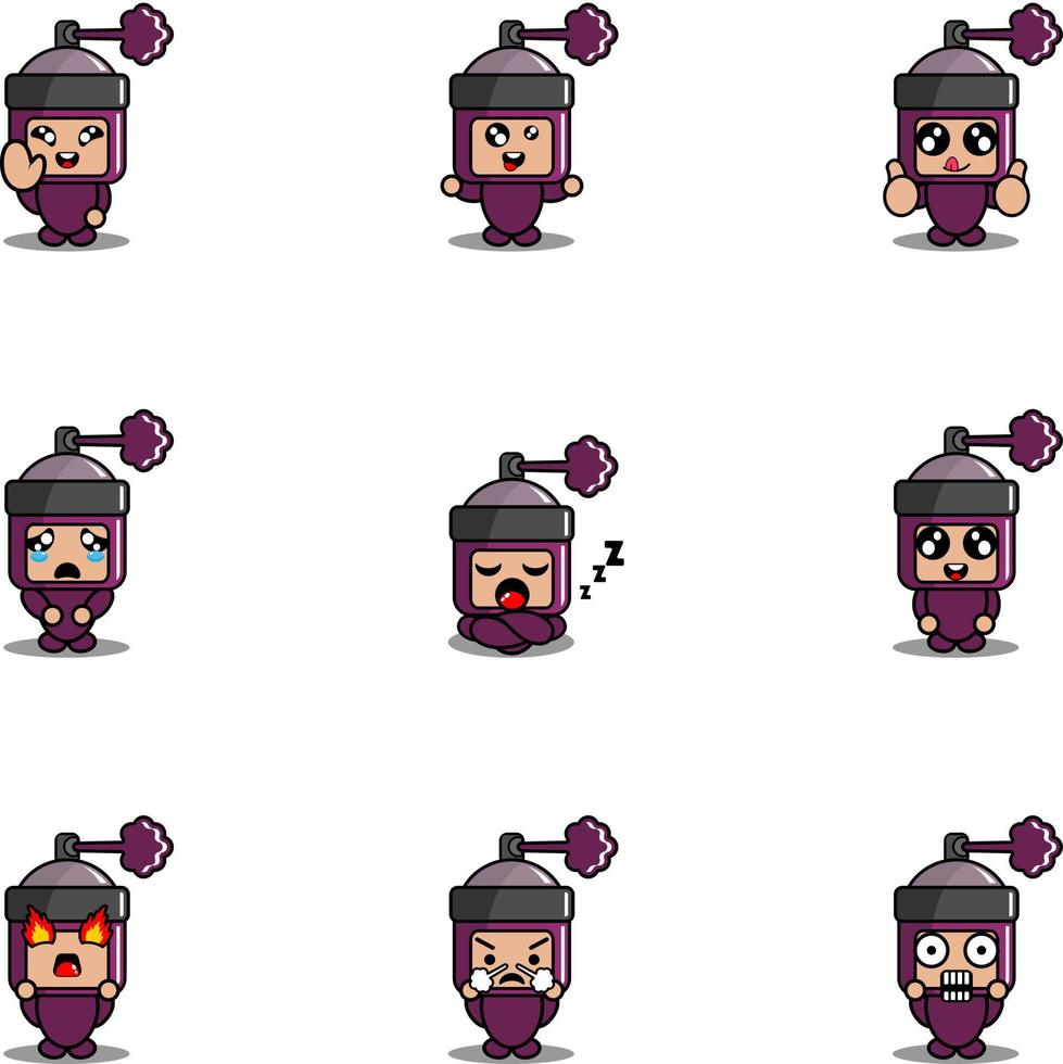Ilustración de vector de personaje de dibujos animados traje de mascota conjunto paquete expresión de aerosol púrpura