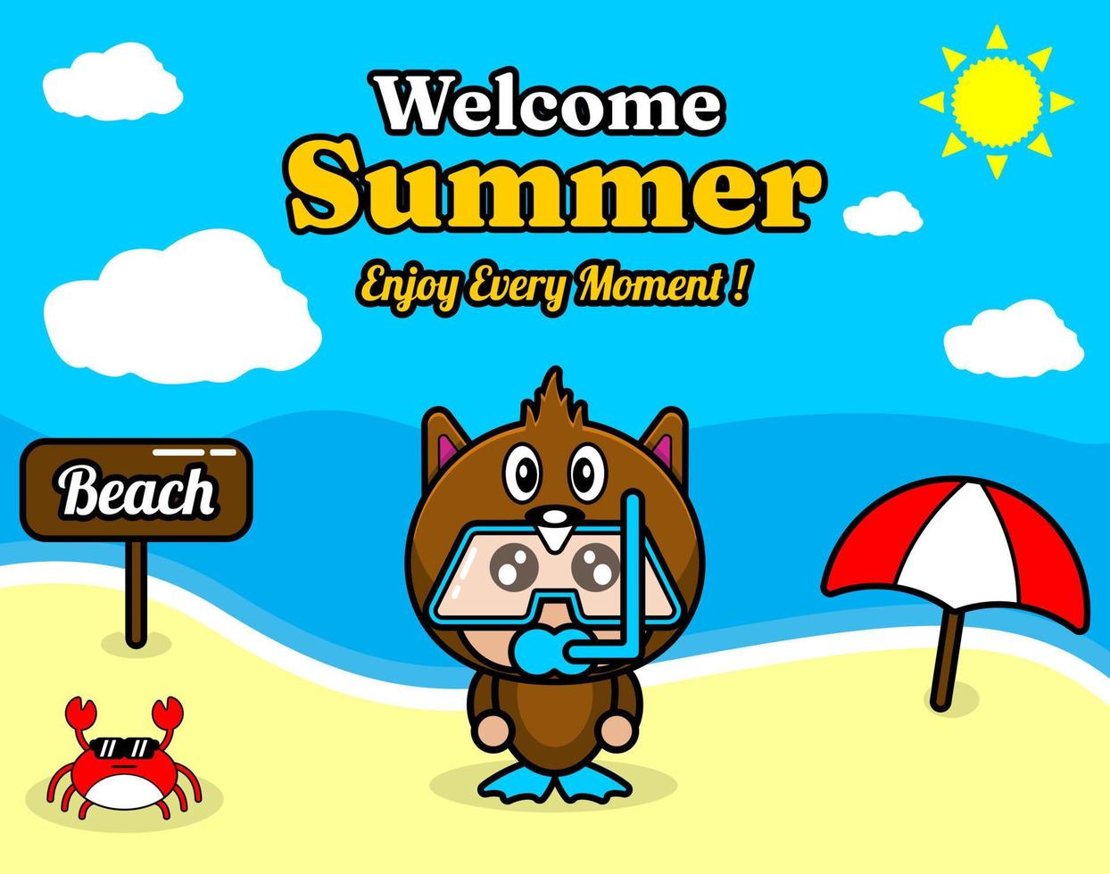 summer beach and sand background design with text enjoy every moment and summer element board that says beach, crab and umbrella, in beaver animal mascot costume wearing senorkel vector
