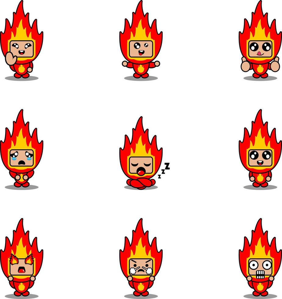 vector illustration of cartoon character mascot costume set bundle expression fire element